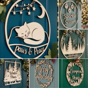 Christmas Door Hanger Bundle, Round Wood Welcome Sign, 6 Festive Holiday Designs