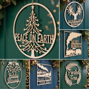 Christmas Door Hanger Bundle, Round Wooden Sign Designs, Holiday Laser Files