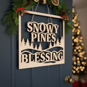Christmas Door Hanger Digital File, Snowy Pines Blessing, Winter Framed Art Decor