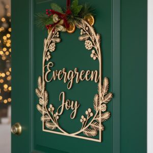Christmas Door Hanger, Evergreen Joy Laser File, Round Floral Frame Sign Decor