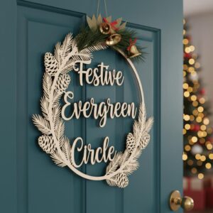 Christmas Door Hanger, Festive Evergreen Pinecone Round Sign, Holiday Decor Laser File