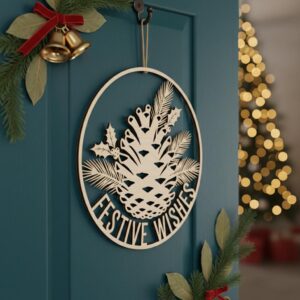 Christmas Door Hanger, Festive Pinecone Wishes Sign, Holiday Wall Art Decor