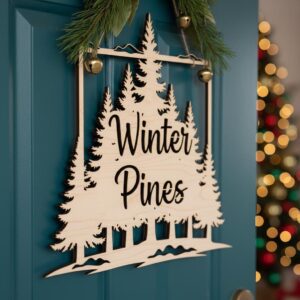 Christmas Door Hanger File, Winter Mountain Pine Tree Sign, Digital Craft Decor