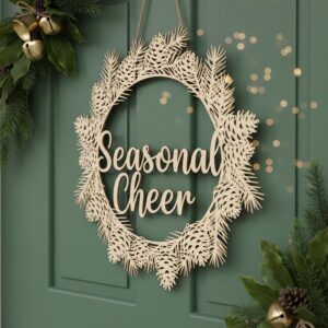 Christmas Door Hanger, Holiday Cheer Wreath, Round Front Door Decor Sign