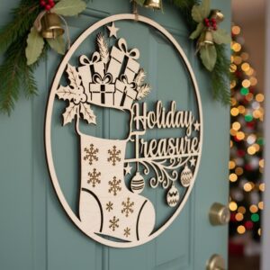 Christmas Door Hanger Laser File, Holiday Stocking Sign for Front Door Decor