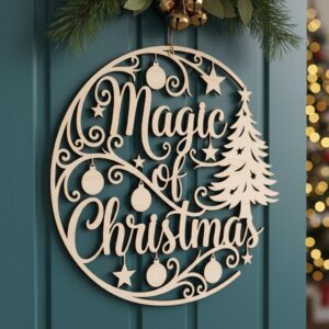 Christmas Door Hanger Laser File, Holiday Welcome Sign, Round Winter Porch Decor