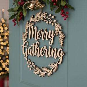 Christmas Door Hanger Laser File, Merry Gathering Wreath, Round Holiday Decor Sign