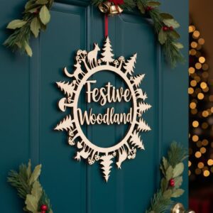 Christmas Door Hanger Laser File, Woodland Style Round Sign for Holiday Decor