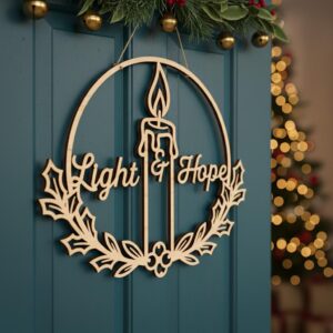 Christmas Door Hanger Round Wreath Sign, Candle Words Holiday Decor Digital File