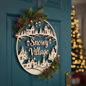 Christmas Door Hanger, Snowy Village Round Sign, Winter Holiday Laser File Download