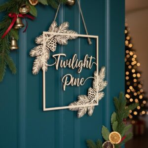 Christmas Door Sign, Twilight Pine Round Wood Decor, Framed Holiday Pine Trees