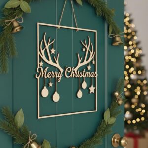 Christmas Reindeer Door Hanger, Merry Christmas Antler Sign, Holiday Decor Download