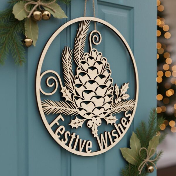 Festive Holiday Door Hanger, Christmas Pinecone Holly Welcome Sign ...