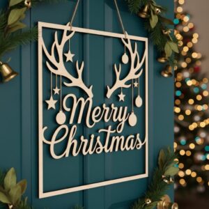 Merry Christmas Door Hanger, Reindeer Antlers Sign, Front Door Holiday Decor