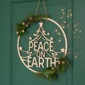 Peace On Earth Christmas Door Hanger, Round Wood Sign, Tree Laser File
