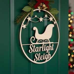 Starlight Sleigh Door Hanger, Christmas Laser File, Round Holiday Welcome Sign