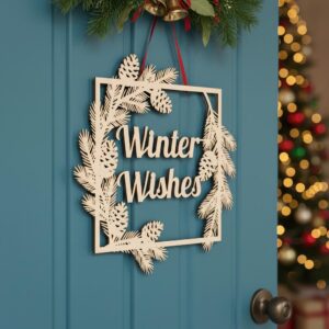 Winter Wishes Christmas Sign, Round Door Hanger, Winter Door Decor Digital Download