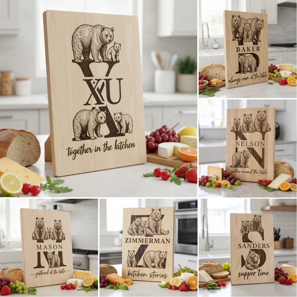 Animal Monogram Design, Wooden Family Name Sign, Vintage Engraved Charcuterie Bundle