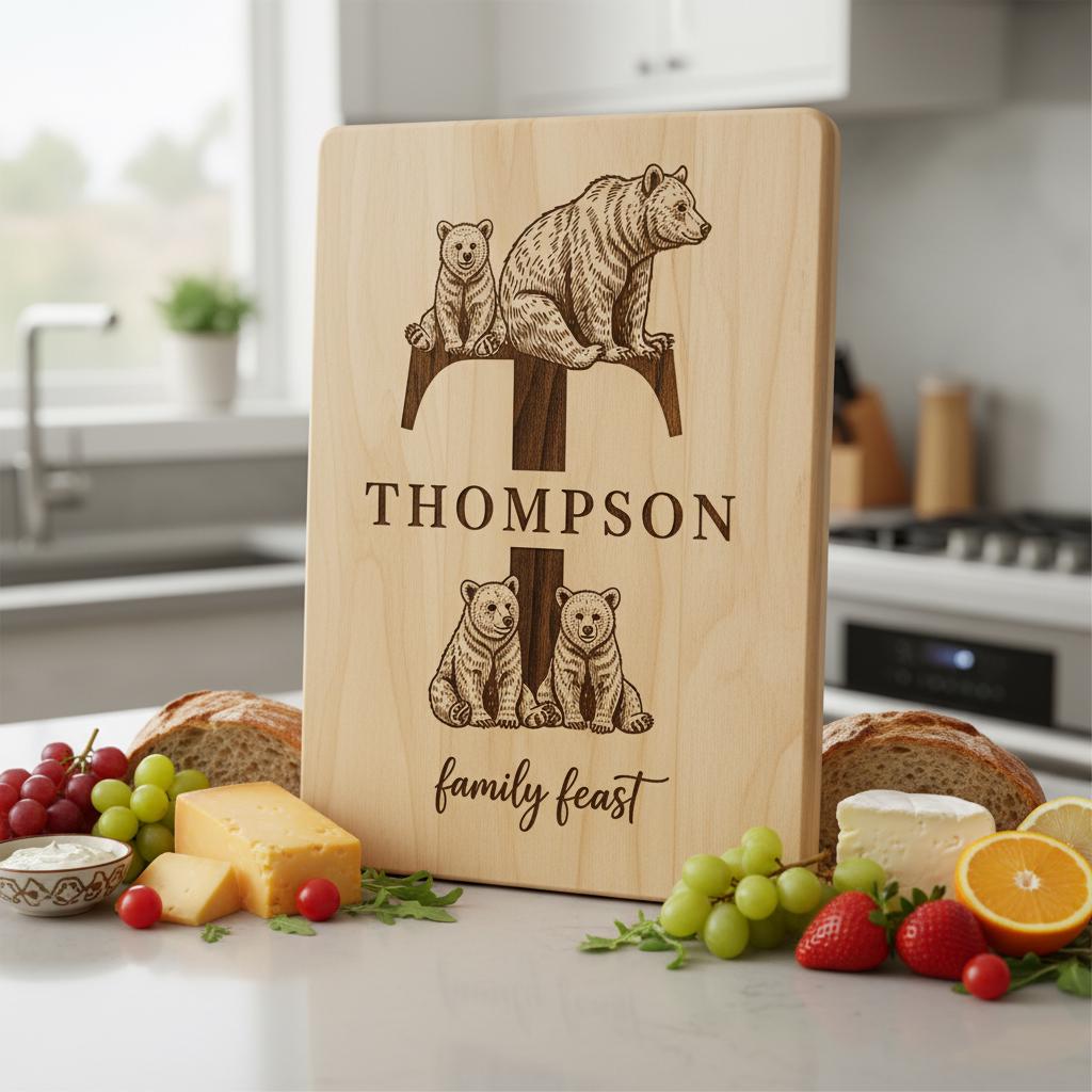 Animal Monogram Design, Wooden Family Name Sign, Vintage Engraved Charcuterie Bundle