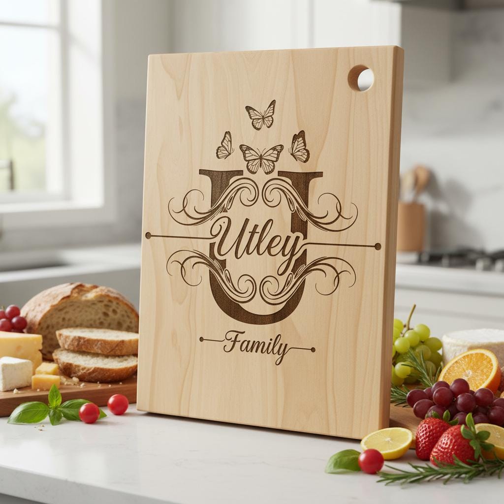Personalized Charcuterie Board Monogram Designs, Elegant Family Name Laser Engraving Set