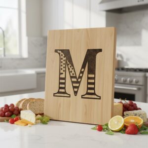 Personalized Monogram Alphabet Engraving for Charcuterie Board with Patriotic Flag Emblem
