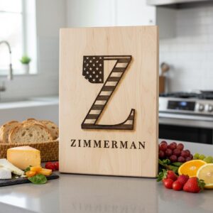 Personalized Monogram Alphabet Engraving for Charcuterie Board with Patriotic Flag Emblem