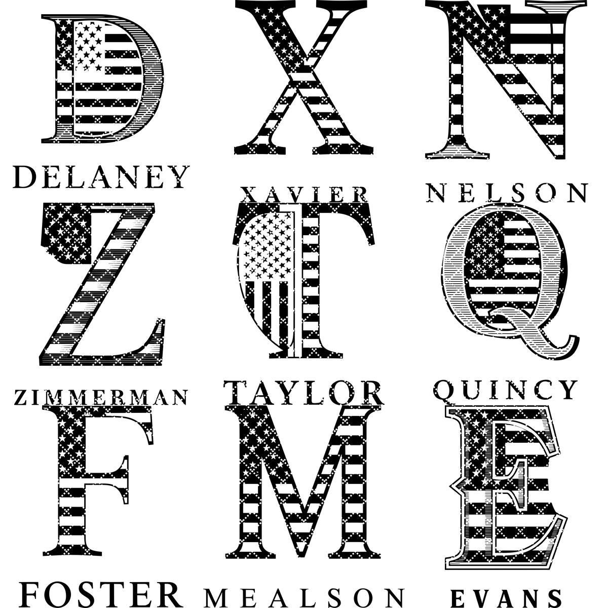 Personalized Monogram Alphabet Engraving for Charcuterie Board with Patriotic Flag Emblem