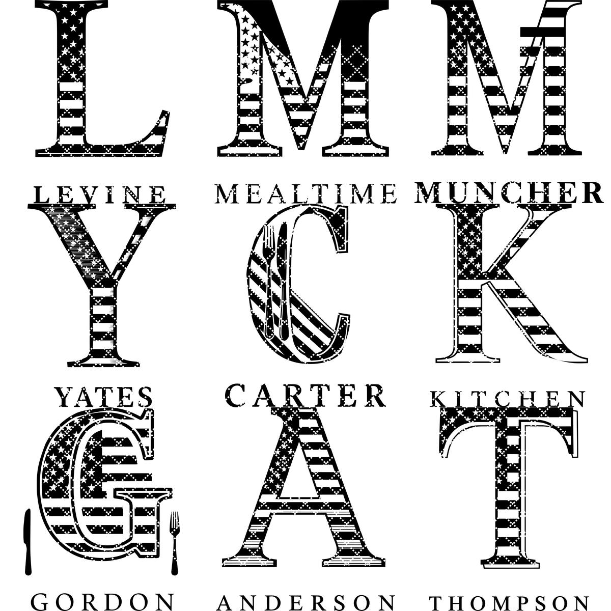 Personalized Monogram Alphabet Engraving for Charcuterie Board with Patriotic Flag Emblem