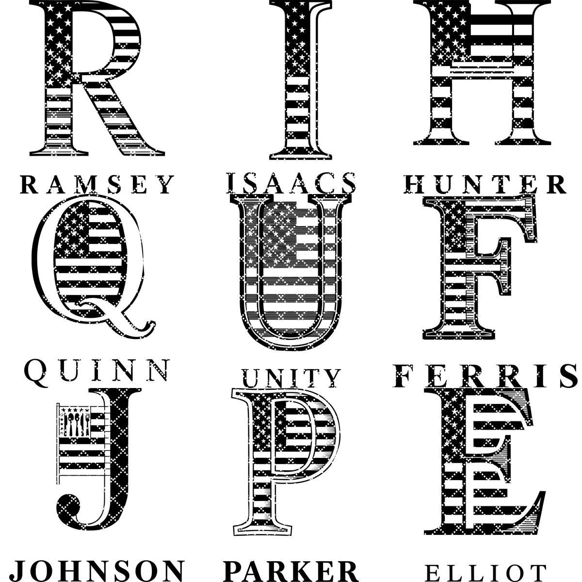 Personalized Monogram Alphabet Engraving for Charcuterie Board with Patriotic Flag Emblem