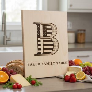 Personalized Monogram Alphabet Engraving for Charcuterie Board with Patriotic Flag Emblem