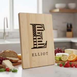 Personalized Monogram Alphabet Engraving for Charcuterie Board with Patriotic Flag Emblem