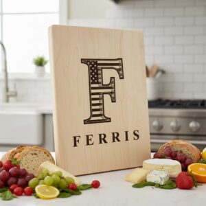 Personalized Monogram Alphabet Engraving for Charcuterie Board with Patriotic Flag Emblem