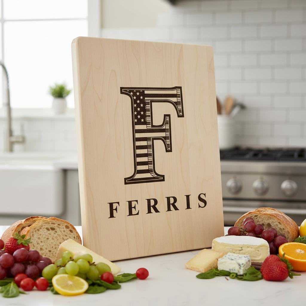 Personalized Monogram Alphabet Engraving for Charcuterie Board with Patriotic Flag Emblem