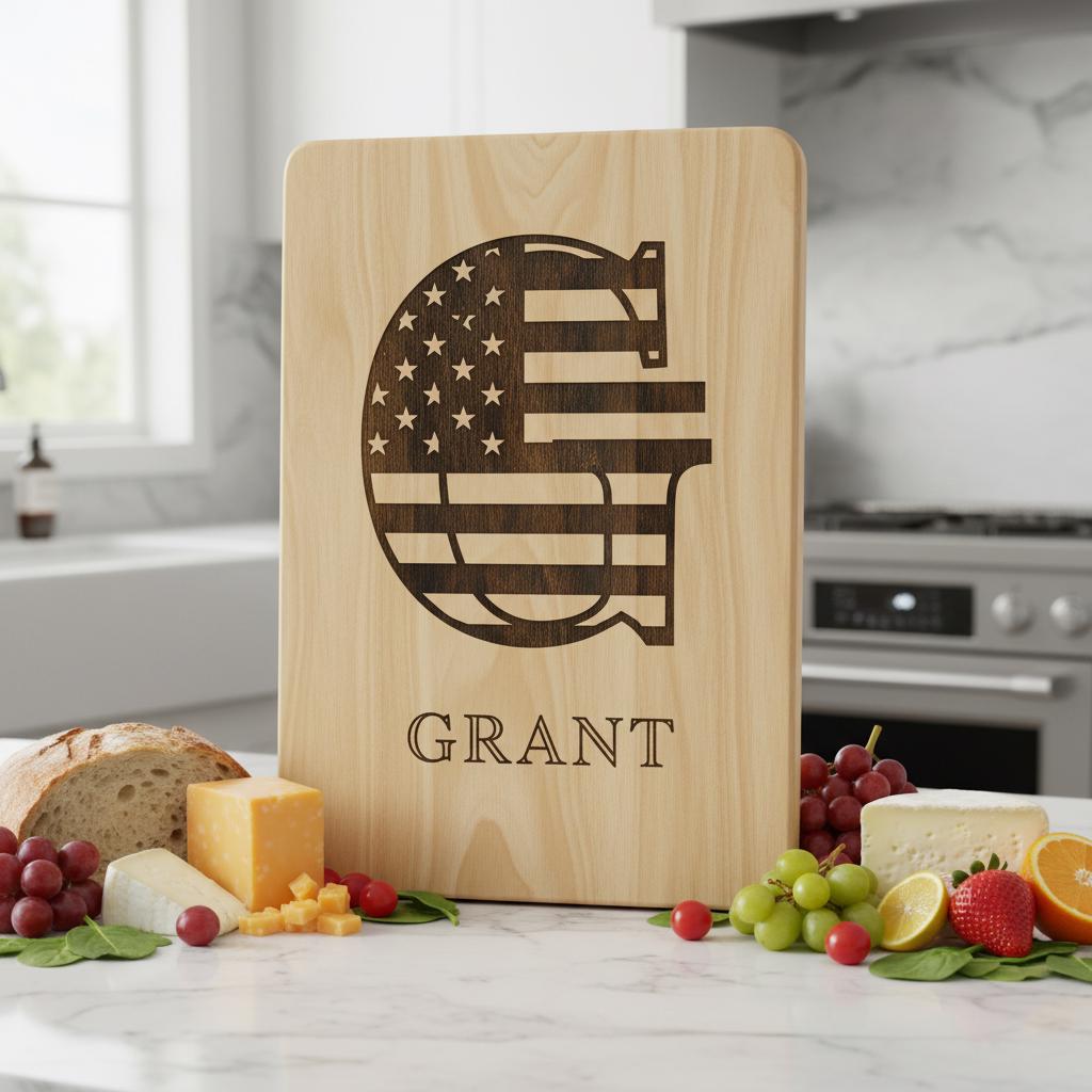 Personalized Monogram Alphabet Engraving for Charcuterie Board with Patriotic Flag Emblem