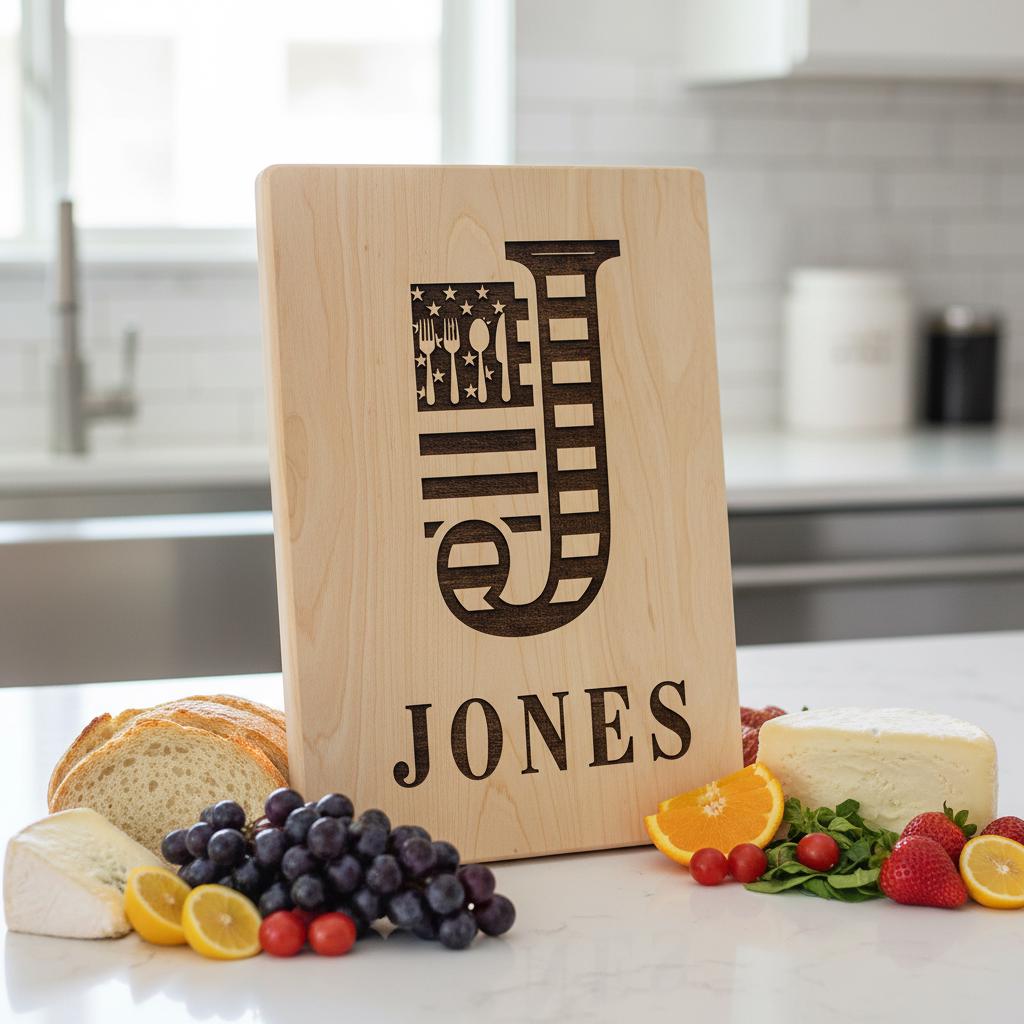 Personalized Monogram Alphabet Engraving for Charcuterie Board with Patriotic Flag Emblem