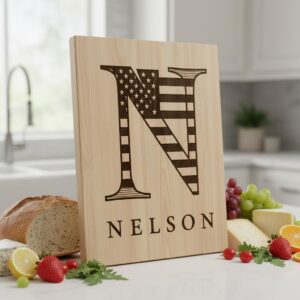 Personalized Monogram Alphabet Engraving for Charcuterie Board with Patriotic Flag Emblem