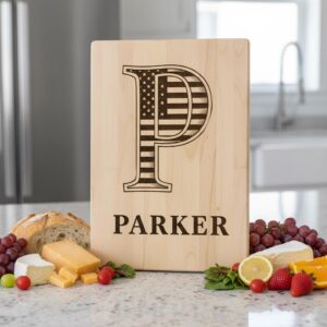 Personalized Monogram Alphabet Engraving for Charcuterie Board with Patriotic Flag Emblem