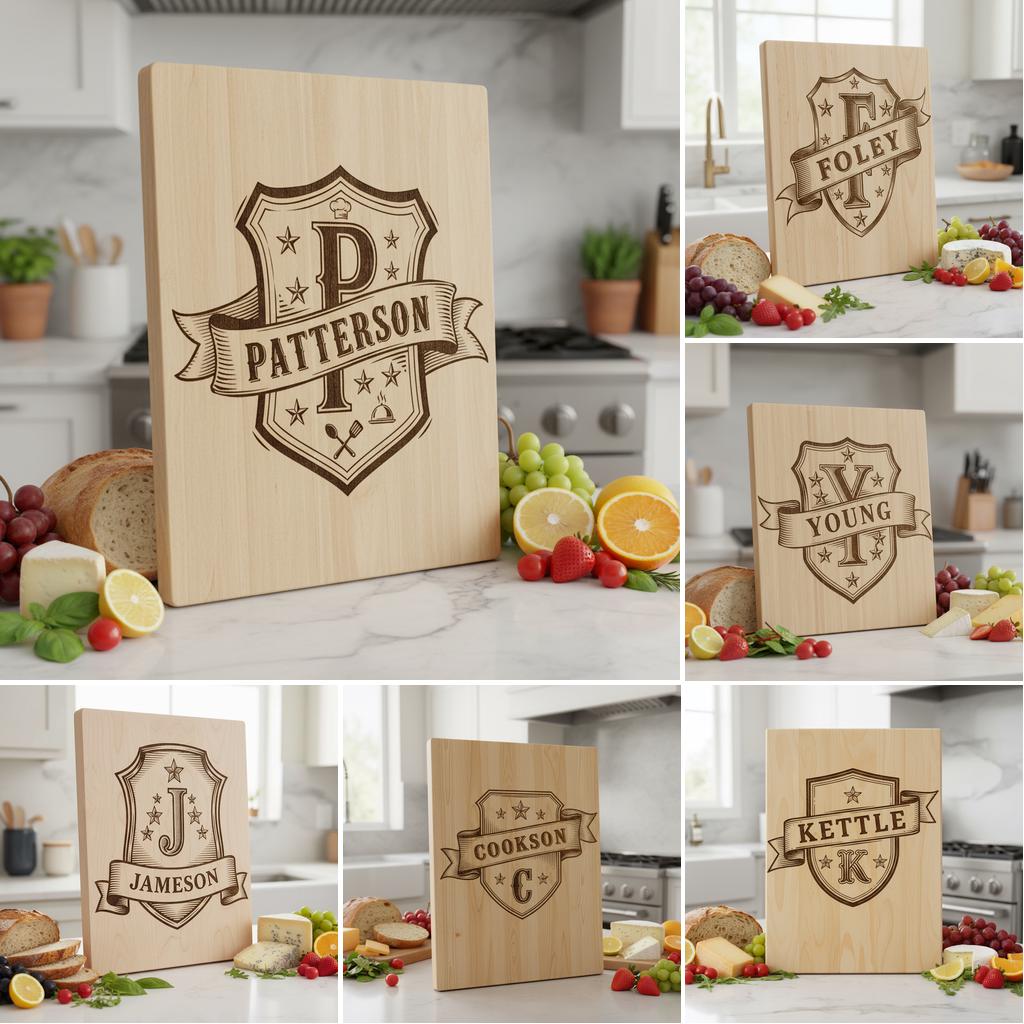 Vintage Kitchen Crest Monogram, Family Name Engraving for Charcuterie Boards