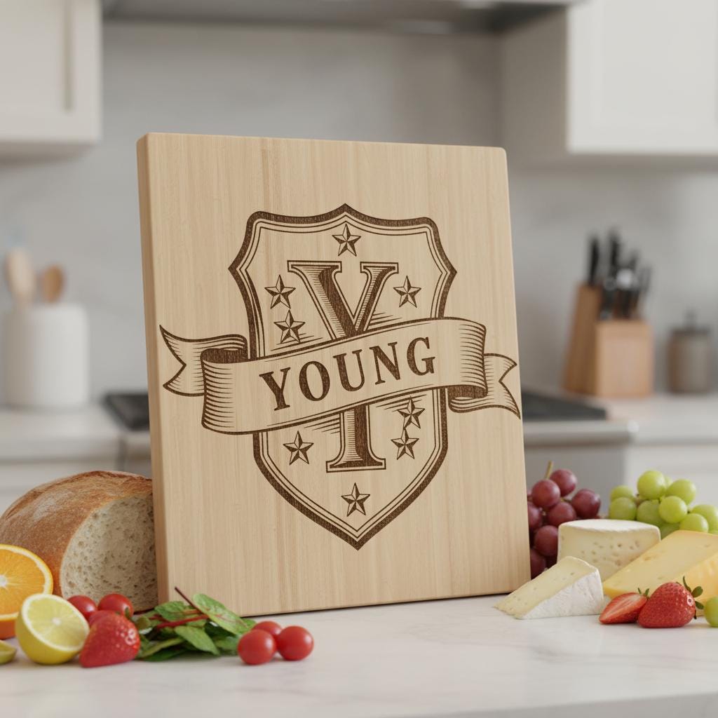 Vintage Kitchen Crest Monogram, Family Name Engraving for Charcuterie Boards
