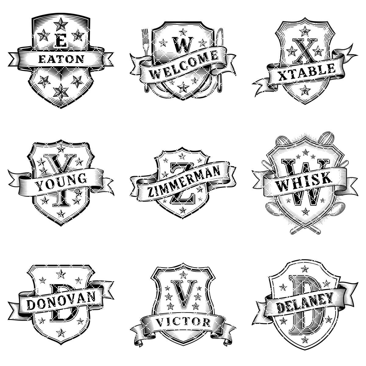 Vintage Kitchen Crest Monogram, Family Name Engraving for Charcuterie Boards