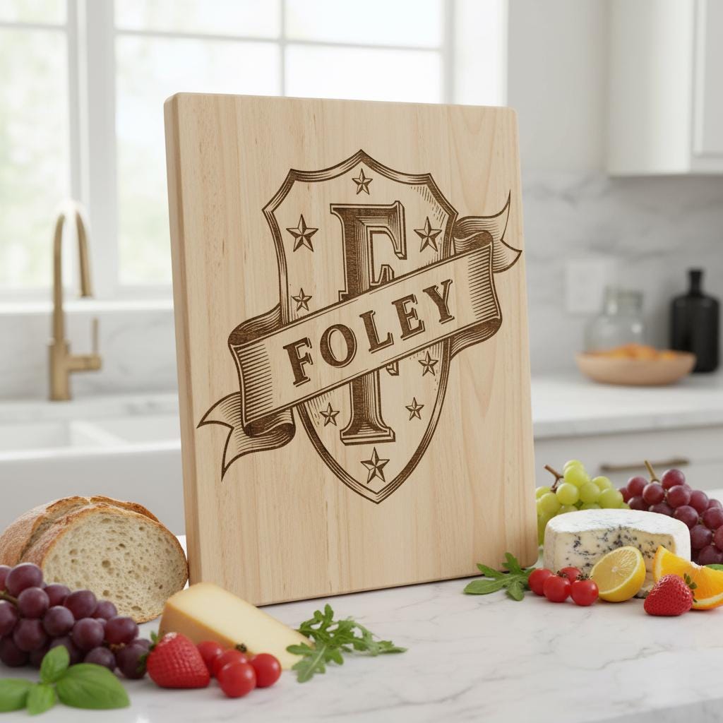 Vintage Kitchen Crest Monogram, Family Name Engraving for Charcuterie Boards