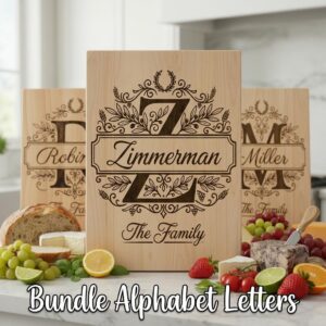 Monogram Board Engraving Design, Family Name Alphabet Bundle, Olive Leaf