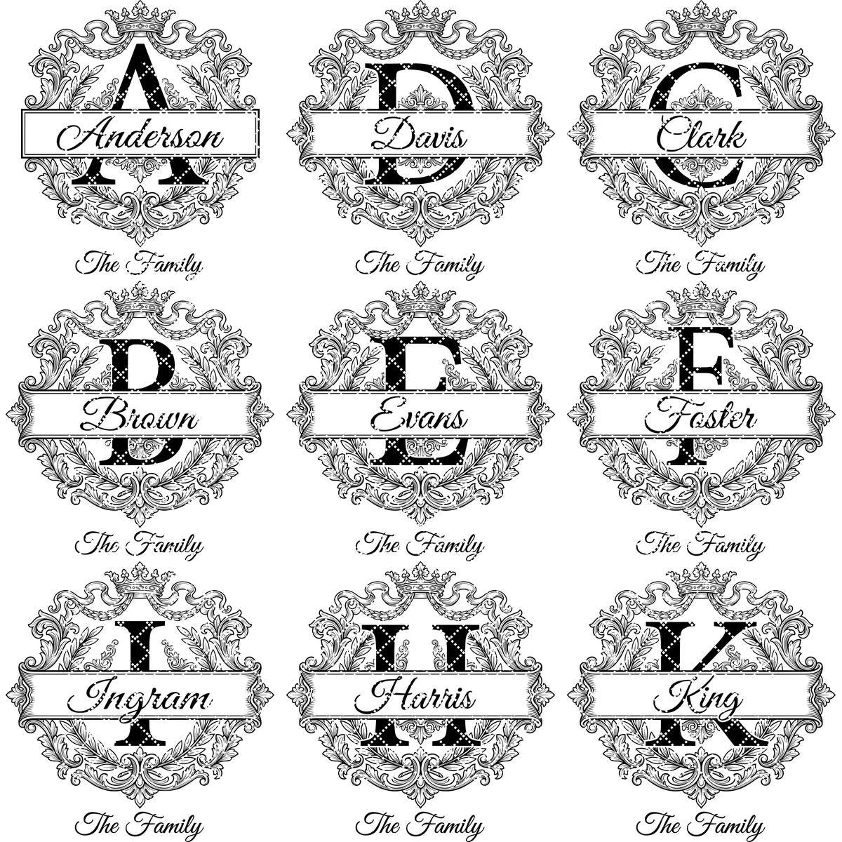 Monogram Bundle, Custom Family Name Baroque Alphabet, Regal Laurel Wreath, Engraving Designs