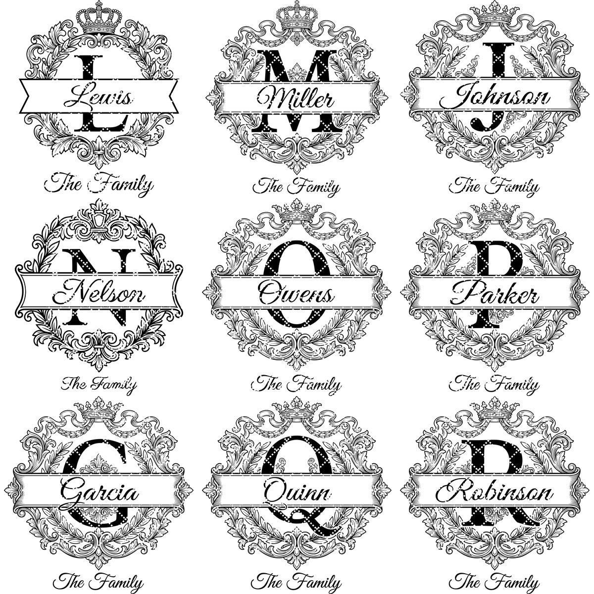Monogram Bundle, Custom Family Name Baroque Alphabet, Regal Laurel Wreath, Engraving Designs