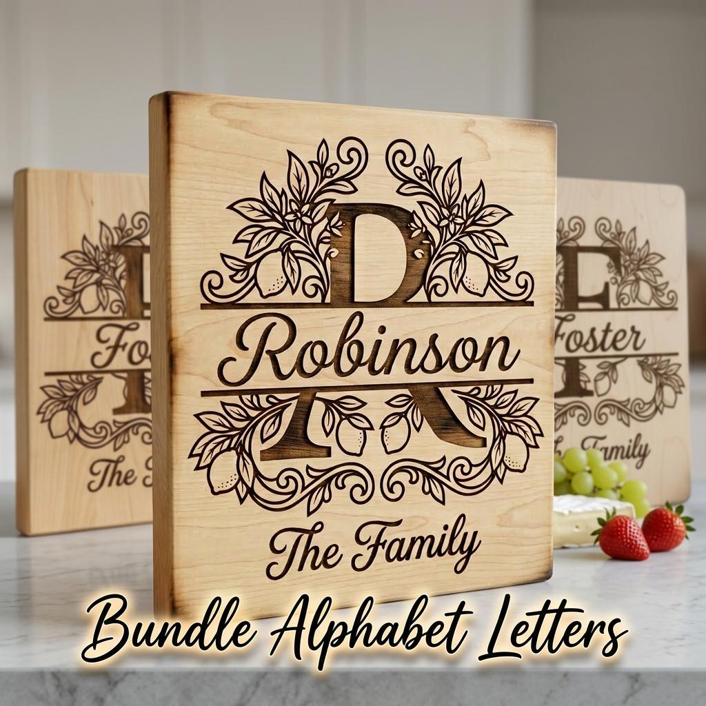 Monogram Engraving Bundle, Custom Family Name Logo, Alphabet Ornament Boards