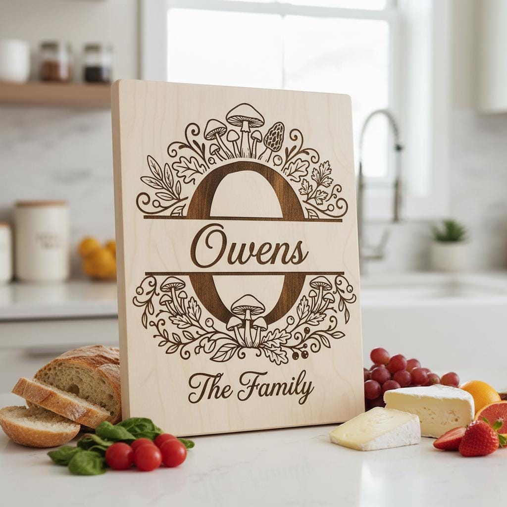 Mushroom Forest Kitchen Design, Custom Family Name Board, Laser Monogram Set
