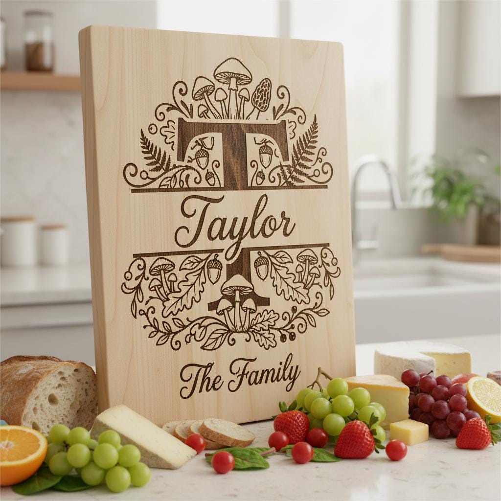 Mushroom Forest Kitchen Design, Custom Family Name Board, Laser Monogram Set