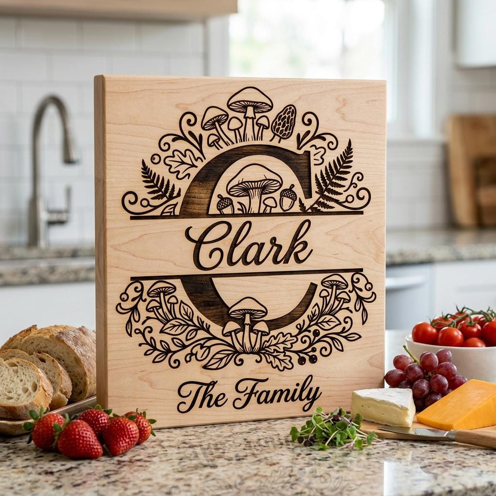 Mushroom Forest Kitchen Design, Custom Family Name Board, Laser Monogram Set