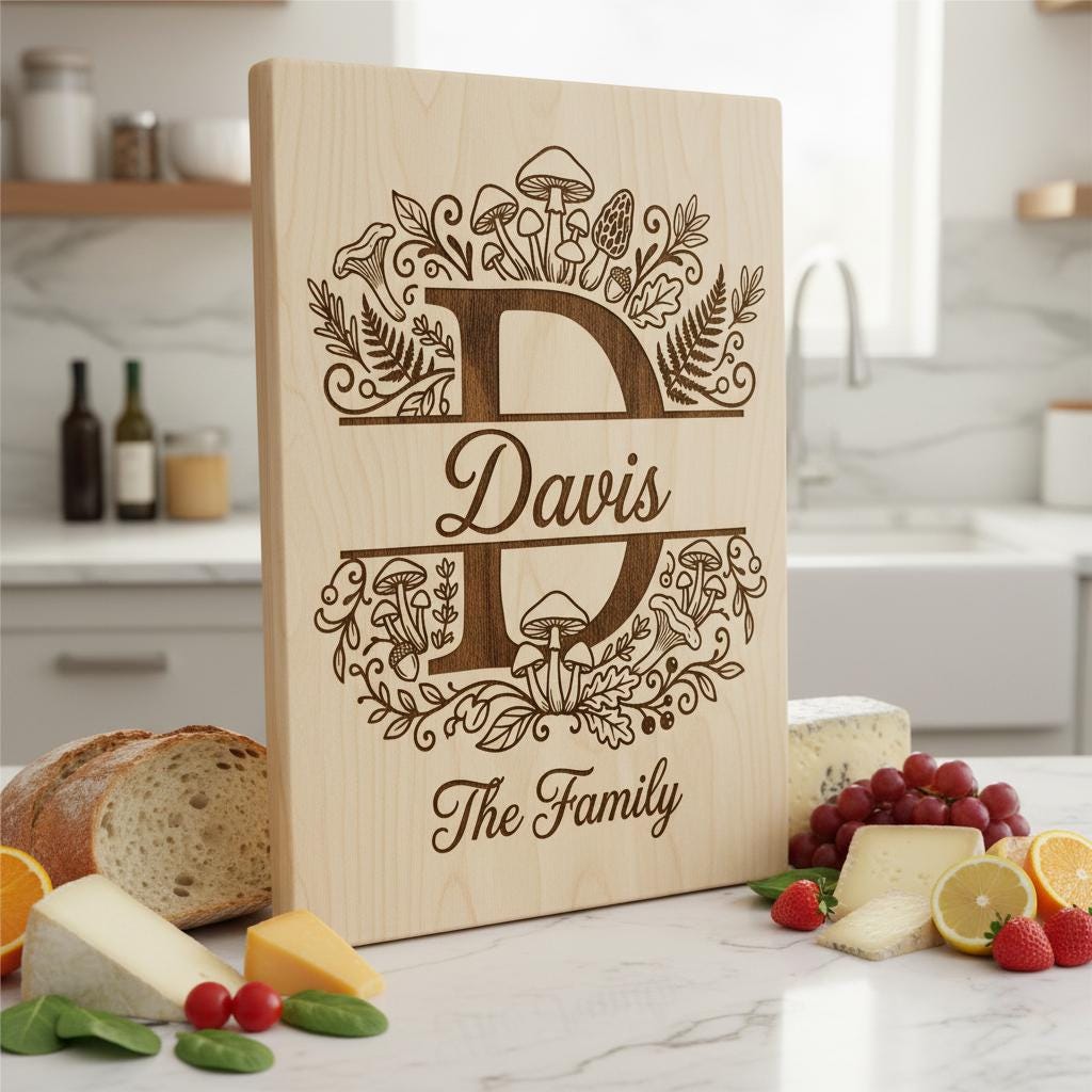 Mushroom Forest Kitchen Design, Custom Family Name Board, Laser Monogram Set