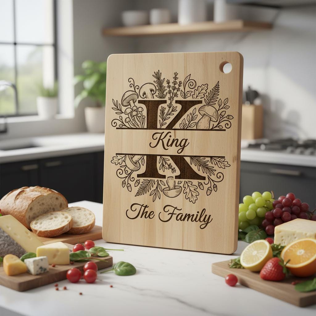 Mushroom Forest Kitchen Design, Custom Family Name Board, Laser Monogram Set